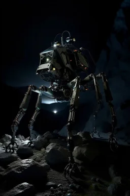 eight legged mechanical walker scaling a very steep rocky side of mout everest at night, it has a smooth surface, it has storage pods on its belly human can fit in the pods