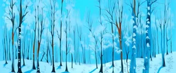 A light blue winter forest with falling snowflakes painted by Andy Warhol