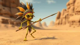 a funny little creature that dance in a desert, the creature is yellow and green, have big eyes and long legs, he likes to dance and jump with his spear, he ls little evil and likes to scream "Musta", and have a big mouth sharp teeth, small penis, tribal look, head dress with feathers