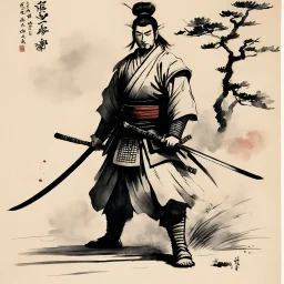 [traditional Chinese brush, expressive line, ink washes] the jodan no kamae: the samurai stands tall and proud, feet firmly planted on the ground. his katana is held high above his head, angled slightly forward, with the blade pointing menacingly towards the heavens. The grip is firm, yet relaxed, a subtle indication of the controlled ferocity that lies within.