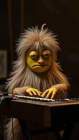 a hairy fruit playing a synthesizer