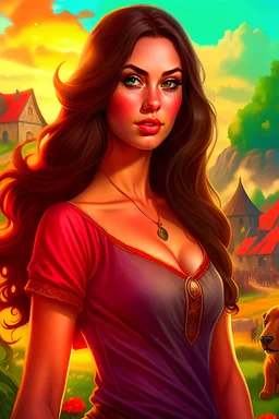 Blend looks of more Carla Harvey and less Megan Fox, medieval woman, tanned skin, dark brown wavy hair, shallow plunge short dress, randomized dress styles, field background, realistic, randomized poses, randomized colors and backgrounds, randomized colors of dress, randomized front and side view, randomized where she is looking