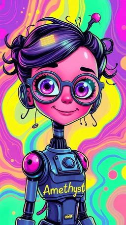 robo surrealism art, psychedelic cartoon illustration of a young lady robo with facial expressions, smiling,bulging big eyes behind large round glasses, panel Electrical in hair, like neon Circuit, vivid rainbow-colored background with fluid abstract shapes and trippy patterns, wearing body Circuit Electrical, high contrast colors like neon yellow, green, pink, blue, and red, comic style shading, surreal and vibrant aesthetic in the style of Marceloocavalhoo, The name "Amethyst" is written in a