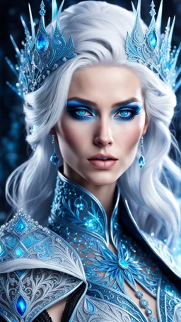 Hermosa y malvada reina del hielo, pelo blanco, ojos azules luminosos, vestimenta intrincada, hiperdetallada, calidad ultra, increíble obra de arte, full body