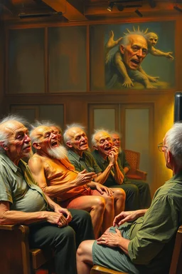 A group of lunatics are sitting in a hall watching television. They are laughing.Busch painting style