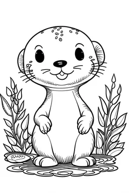 cute coloring page, sketch style, cute baby otter in the wood, cute cartoon, white and black, withe background, no shadows, outline.