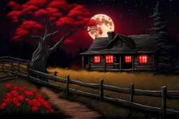 Dry trees, night, full moon, cabin, yard with red flowers, fence, background pc