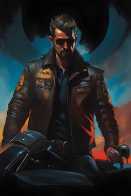 Bradley Pittson with crew-cut dark brown hair tapered on the sides, bangs over the forehead, goatee, bushy eyebrows, blue eyes, wearing a leather jacket - resembles Elvis Presley, pitch black background with an overhead spotlight effect, extremely colorful, oil painting by Frank Frazetta