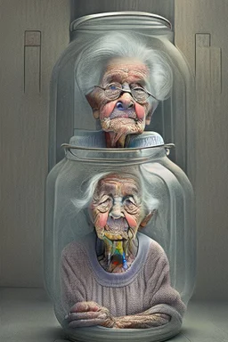 Elderly woman in a huge jar