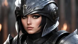 ((best quality)), ((masterpiece)), (detailed), beautiful face, female warrior, (defiance512:1.2), big eyes, heavy black iron armor, detailed helmet, intense gaze, battle-ready, contrasting soft skin, (lighting:1.2), close-up portrait, 4:3 aspect ratio