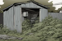 shed, overgrown apocalyptic, grey background, comic book,