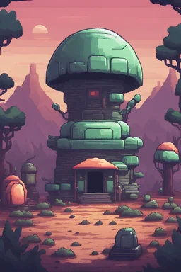 A 2d pixel art environement for a platformer video game. A alien camp on earth, after the invasion.