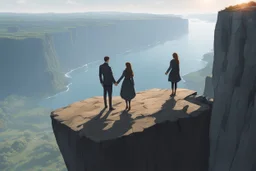 Only one guy and a girl are standing on the edge of a cliff and holding hands