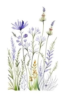 lavender pressed dried flowers in the style of watercolor on a white background --tile