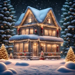 Hyper Realistic Decorated House with garland lights & christmas tree at snowfall night