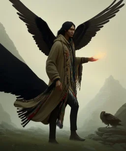 native american shaman, wise man, long black hair, black hooded coat like wings, 8k resolution concept art portrait by Greg Rutkowski