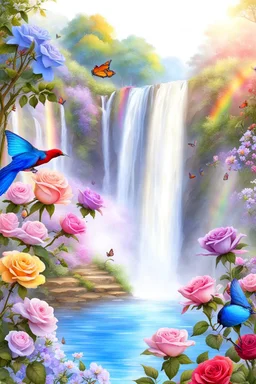 Trés belles roses, rainbows, beautiful colors gardens , flowers, cascades,Birds, butterfly