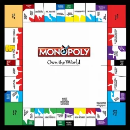 create a custom monopoly style board GAME with: 1 row of EQUAL SIDES 12 SQUARE EACH SIDE WITH A BIG SQUARE IN THE MIDDLE. MAKE THE WRITING IN THE MIDDLE SAY OWN THE WORLD ,