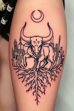 Design feminine tattoo: The centerpiece of the tattoo is a bull in a dynamic, powerful pose, representing Taurus. From the bull's hooves, deep roots twist into the ground, sprawling outwards. The roots look as though they're entangled with the earth itself, symbolizing Taurus' deep connection to the planet. Surrounding the bull, or perhaps as a backdrop, include elements of Detroit’s industrial history. A crescent moon or starry sky above the bull