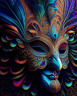 centered detailed venetian mask, vibrant peacock, intricate, elegant, highly detailed, digital painting, smooth, sharp focus, illustration, illuminated lines, outrun, vaporware, intricate venetian patterns