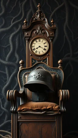 An old antique grandfather clock in the background of black vein, human veins, mixing together a lot of them, like a forest, big and small veins a lot of them, an army German helmet from ww2 on an old broken throne