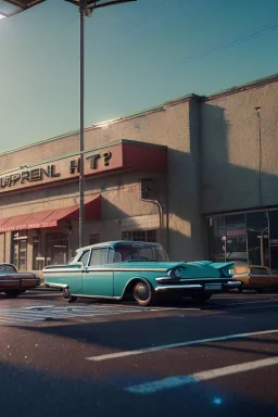 Ultra Realistic retro sci-fi, Supermarket parking scene, 1960 year, levitating cars, soft color, highly detailed, unreal engine 5, ray tracing, RTX, lumen lighting, ultra detail, volumetric lighting, 3d, finely drawn, high definition, high resolution.