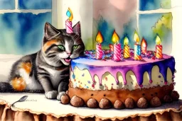 Smiling cat is having a birthday cake. Highly detailed, smooth colours, realistic landscape. Aquarell