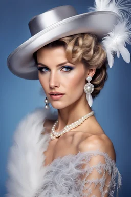 full body beautiful girl, elegant silver,lace clothes of the 80s, luxury style, small elegant hat with feather, hair of the 80s, pearl necklace, earrings masterful, beautiful face,blue backdrop