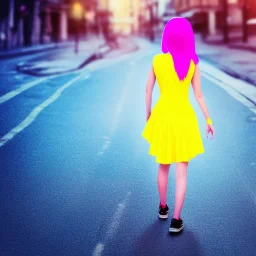 Beautiful lonely girl who walks along a street without people at dawn. You see her from behind. She wears very short yellow dress. She has short pink hair with glowing crystals. Full body, 8k resolution concept art. Professional Photo HD. Stylish. Warm vivid colors. Panoramic