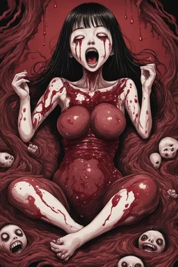 Petit weird woman crushed inside really darkred fleshy stomach filled with digestive juices, sit pose, fullbody, screaming, tears, Junji Ito style, darkred tones,