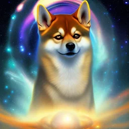 third eye ascension shiba inu doge with heaven glowing aura Q anon galaxy orbs