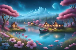 Fantasy cities with magical cabins in the background , sweet hills, frozen turquoise lake in the foreground, magical landscape, magical atmosphere, sweet hills in the background, a lot of details,a small boat on the lake, pink flowers over there, luminous blue sky with stars, a lot of sparks of light everywhere