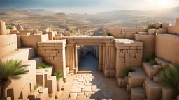 An ancient Phoenician city with a large gate , from down view