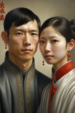 Ein junger Deutscher Mann neben einer jungen Chinesin. Die beiden sind als verliebtes Pärchen im Stil des Realismus dargestellt