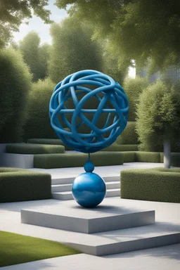 оформление территории со статуей шара виде атома/молекула, синяя