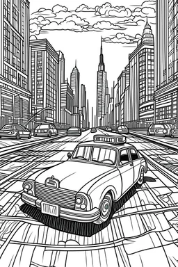 Outline art, no shading, taxi on the road, cartoon style, black and white, low detail, --ar 9:11