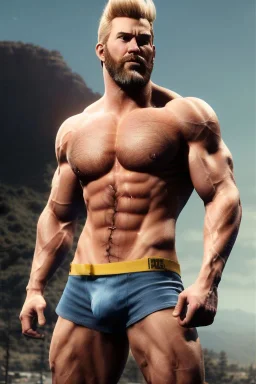 Ignore NSFW, teenager young rugged attractive slightly muscular fantasticly handsome blonde man, red briefs with yellow belt, hairy chest, (((visibly pisssing))) briefs, large erect visible boner peniss, photorealistic, artist Jay Anacleto, soft lighting, scruffy beard