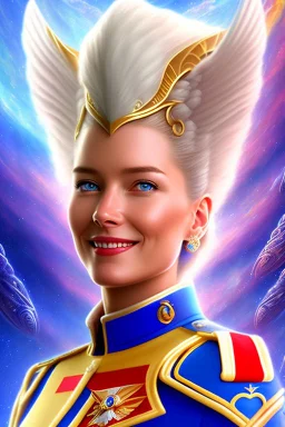 young cosmic woman admiral from the future, one fine whole face, large cosmic forehead, crystalline skin, expressive blue eyes, blue hair, smiling lips, very nice smile, costume pleiadian,rainbow ufo Beautiful tall woman pleiadian Galactic commander, ship, perfect datailed golden galactic suit, high rank, long blond hair, hand whit five perfect detailed finger, amazing big blue eyes, smilling mouth, high drfinition lips, cosmic happiness, bright colors, blue, pink, gold, jewels, realistic, real