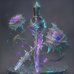 A fantasy zweihander, the blade is made up of glimmering ice, it's hilt is crafted from swirling vines, leading to a vibrant rose crystal at the pommel, with a black background behind it.