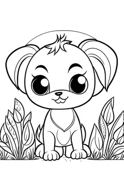 cute coloring page, sketch style, cute baby dog in the jungle, cute cartoon, white and black, withe background, no shadows, outline.