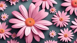 Beautiful spring nature background with pink 3d flower chamomiles. Stylish modern creative floral wallpaper. Greeting or invitation card. Vector illustration