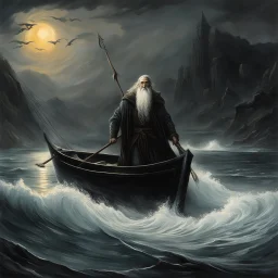 He guards those waters and those rivers, the horrible ferryman Charon, whose filthiness is frightening; on his chest falls a disheveled long white beard, flames gush from his eyes; a sordid cloak hangs from his shoulders, fastened with a knot: he himself steers his black boat with a hook, sets the sails and carries the dead in it, old now, but green and sturdy in his old age, as befits a god.