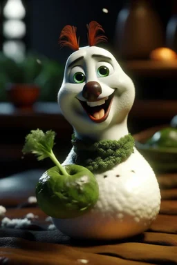 Olaf the snowman eating broccoli