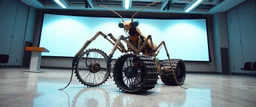 in the style of Escher , pinhole cam, airbrush 3d rendering, on tv screen:A five-second cinematic single take in a clean industrial presentation hall. A bizarre mechanically plausible tracked atv machine stands beside a presentation podium, designed to look like a giant mechanical praying mantis. Two large bicycle wheels form its main body and four thin articulated mechanical legs support it. Two long folded mechanical front arms resemble mantis forelegs, huge head and arms