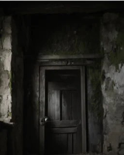 An ancient, weathered door stands in an abandoned house, shrouded in deep, engulfing darkness. The walls are rough and covered in moss and dust, with wooden beams crumbling and floors uneven. The faint light coming from a small particle of the philosopher's stone, placed mysteriously near the door, emits a warm, surreal glow, contrasting with the surrounding darkness. The stone’s light weakly illuminates the nearby area, casting long, eerie shadows. The atmosphere is thick with mystery and tensi