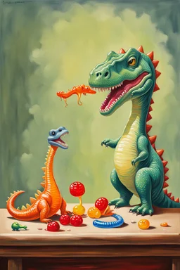 In this still life painting, a small plastic dinosaur is facing off with a gummy worm, both looking rather stern. The dinosaur has its tiny arms crossed in defiance, while the gummy worm seems to be attempting to reason with it. Meanwhile, a lone marshmallow sits nearby, looking bewildered by the whole situation. It's a humorous take on the clash between toys and sweets, with a touch of dry wit.