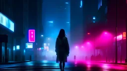 woman night foggy city neon lights traffic walking