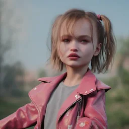 Lily rose depp toddler, full body, floral leather jacket, dynamic pose, tokio background, dramatic lighting, hyper realistic, unreal engine, 8k, upscale