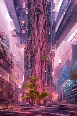 A Epic tree carved into cyberpunk city, building both side of road, dusk, masterpiece , art by jorge pardo, photorealistic, pinkish color, meditative vibe, ornate, wide view