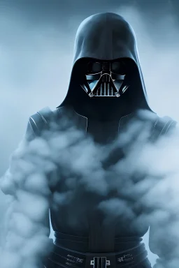 All Black Anakin Skywalker soldier, ghost, wearing high tech mask, white smoke, dark, rage, sorrow, high definition, ultra 8 k, volumetric lighting, blue fire, fog